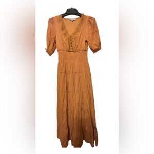 J.GEE Poof Sleeves Tiered Apricot Brown Maxi Dress Crochet/Button Upper Sz: PM